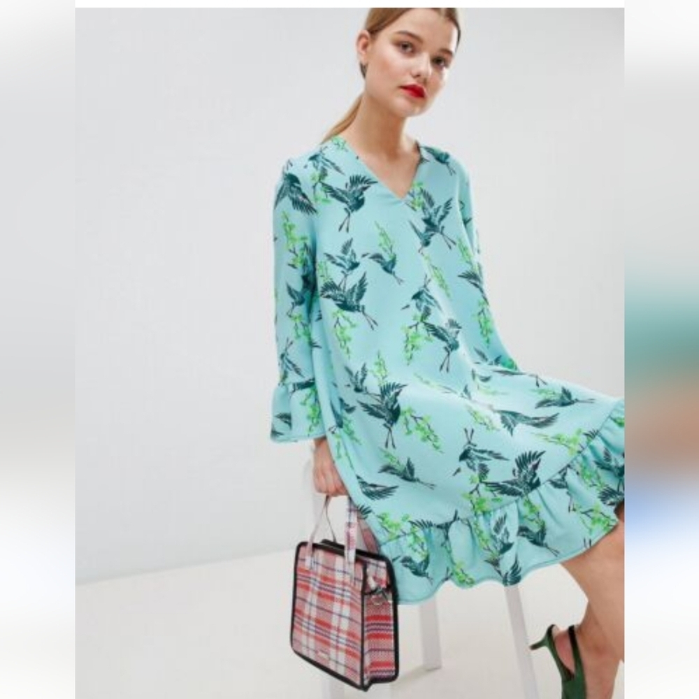 ESSENTIEL Women's Casual Relaxed fit Blue Dress with Bird Print Fits M